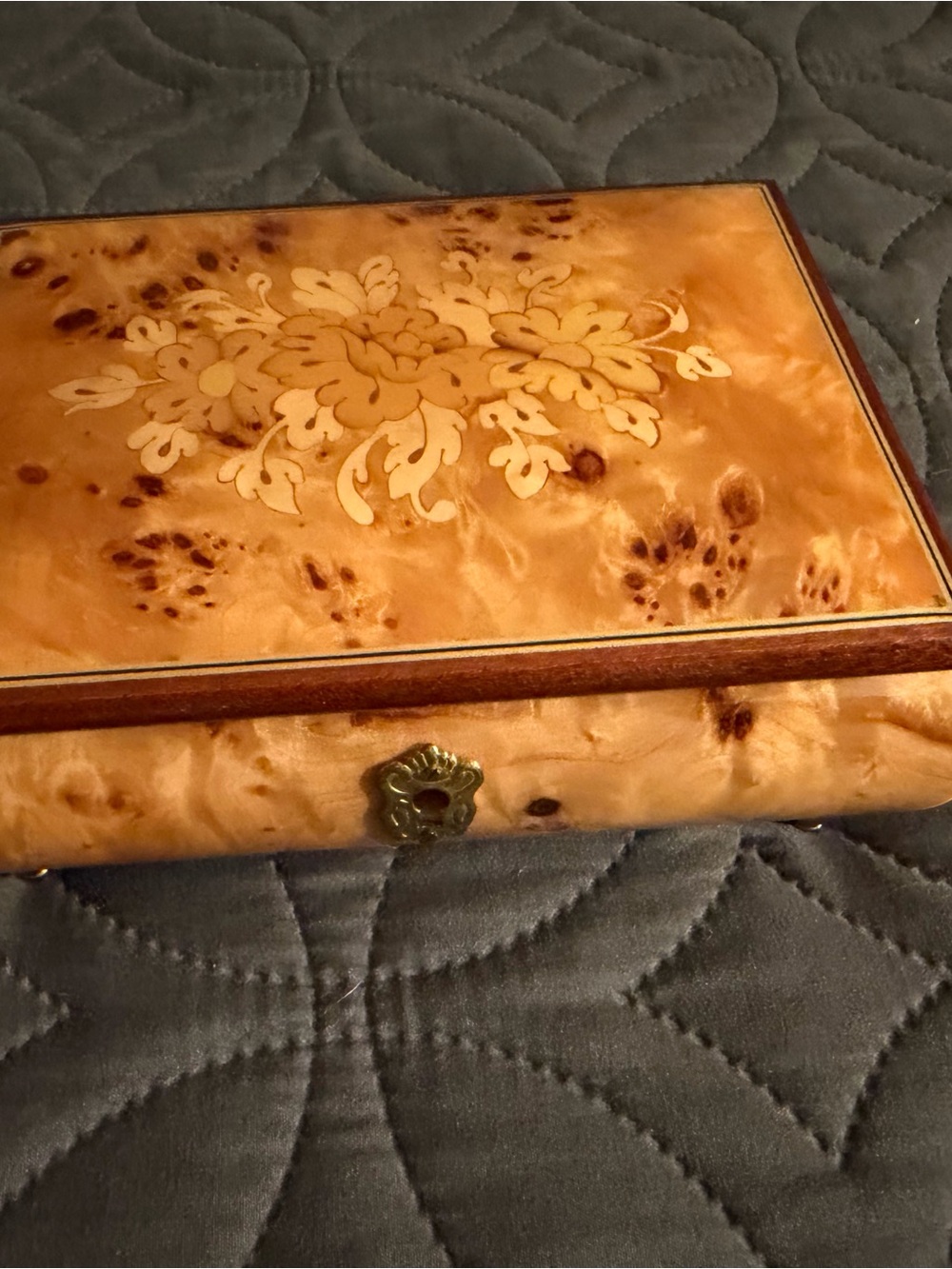 Vintage MAPSA Swiss Music Box Jewelry Box Burl Wood Floral Marquetry Edelweiss